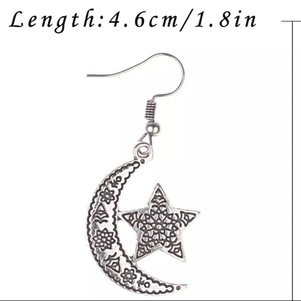 Boho Star & Moon Earrings Antiqued Silvertone - Picture 4 of 6
